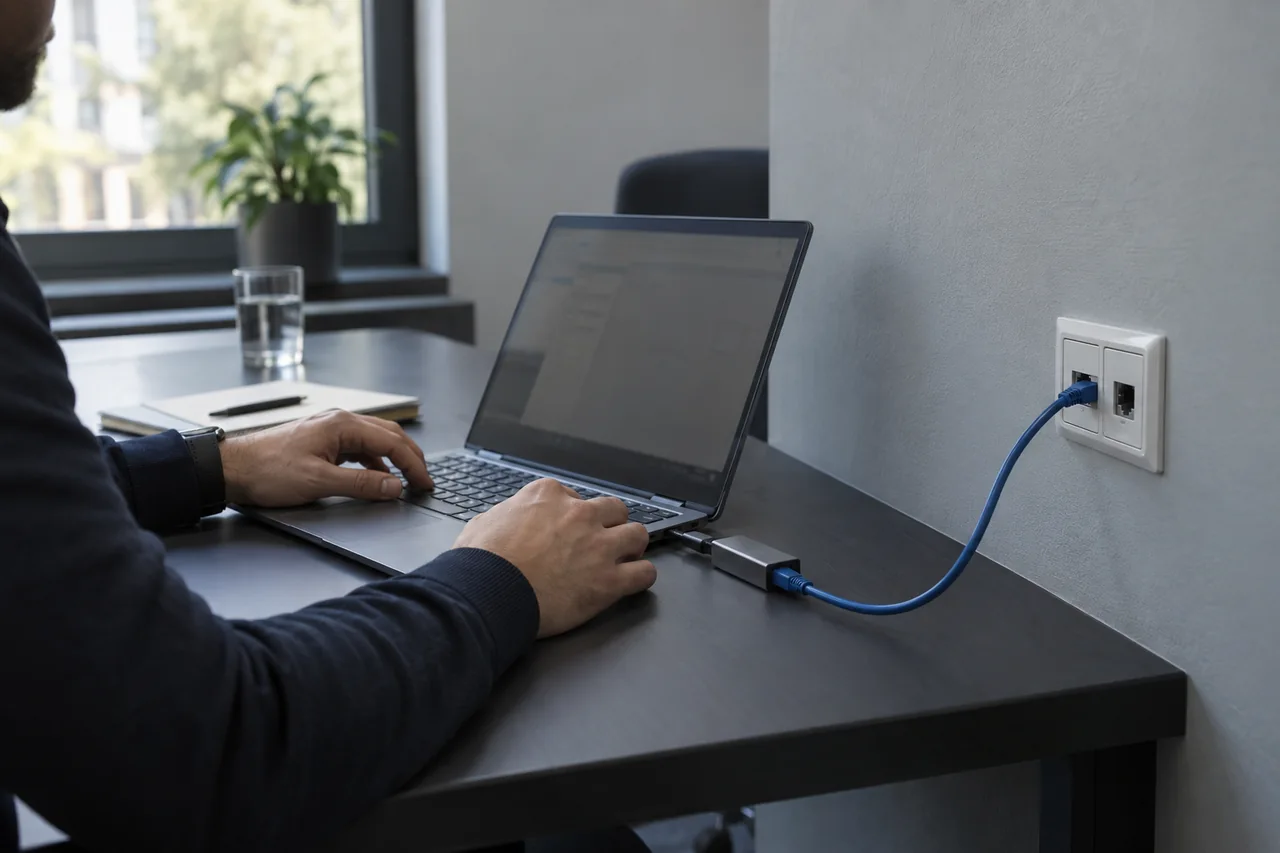 Illustration einer autorisierten Netzwerkprüfung mit Notebook an einer Netzwerkdose